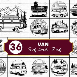 Pode incluir: Coleção de 36 ilustrações a preto e branco de vans em vários ambientes ao ar livre. Os designs incluem vans com cenas de montanha, praia e floresta. O texto na imagem diz "VAN Svg and Png" e "36".