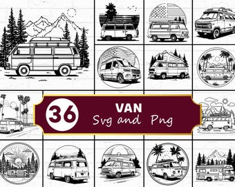 Paquete SVG PNG de furgoneta, silueta de vehículo retro de autocaravana, archivos Cricut para viajes por carretera