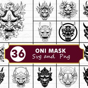 May include: A collection of 36 Oni mask designs in SVG and PNG formats. The masks are in black and white, with various styles including floral accents and different horn shapes. The image includes the text "ONI MASK Svg and Png".