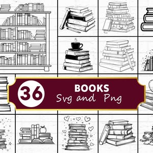 May include: Black and white illustrations of books in various arrangements. The image includes a bookshelf, stacks of books, and books with an apple on top. The text in the image says "36 BOOKS Svg and Png".
