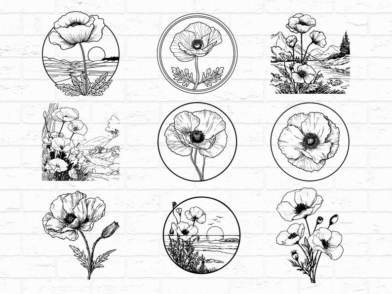 Poppy Cut Files Poppy Flower Silhouette SVG Bundle | Floral Botanical SVG PNG Clipart ...