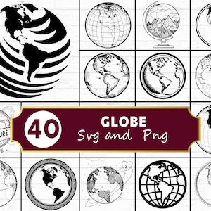 May include: A collection of forty black and white digital illustrations featuring various globe designs, including detailed maps, stylized continents, and travel-themed graphics. A central maroon banner displays the text 40 GLOBE Svg and Png.