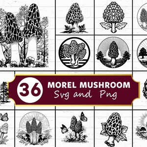 Puede incluir: Una colección de 36 diseños SVG y PNG de setas de colmenilla en blanco y negro. Las imágenes presentan varias ilustraciones de setas de colmenilla, algunas con mariposas y elementos florales. Los diseños son adecuados para manualidades y proyectos digitales.