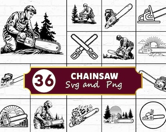 Chainsaw SVG PNG Bundle, Lumberjack Silhouette Clipart, Woodcutting Tool Cricut Cut Files, Forestry