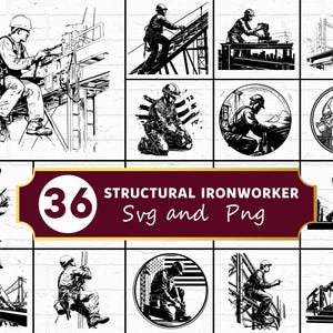 May include: Collection of 36 structural ironworker SVG and PNG images. The images are black and white line drawings of ironworkers in various poses, including working on scaffolding, welding, and using tools. The images are set against a brick wall background.