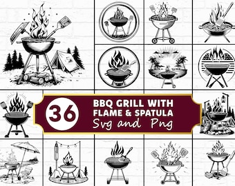 Paquete SVG de parrilla de barbacoa, silueta de espátula de llama PNG, clipart de barbacoa, vector de parrillada de verano, parrilla