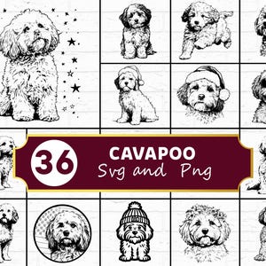 以下が含まれることがあります： 白黒の線画スタイルの36個のCavapoo SVGおよびPNG画像コレクション。画像は、サングラスや帽子などのアクセサリーを身に着けたものを含め、犬種のさまざまなポーズを特徴としています。画像は白いレンガの壁の背景に対して設定されています。