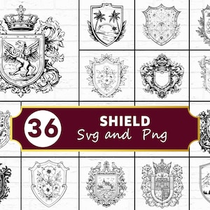 May include: A collection of 36 shield designs in SVG and PNG formats. The shields feature intricate black and white illustrations, including heraldic crests, floral patterns, and landscape scenes. The designs are displayed against a white brick wall background.