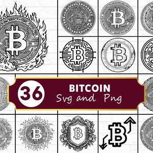 May include: A collection of 36 Bitcoin SVG and PNG images in various designs. The images feature the Bitcoin symbol, some with flames, circuit board patterns, and shield designs. The text "Bitcoin Svg and Png" is also included.