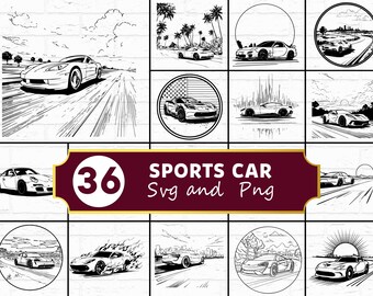 Paquete SVG PNG de coches deportivos, siluetas de coches de carreras, archivos de corte Cricut de vehículos rápidos