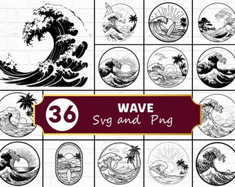 Paquete SVG de silueta de ola / Clipart PNG de ola de mar oceánica para Cricut Crafts