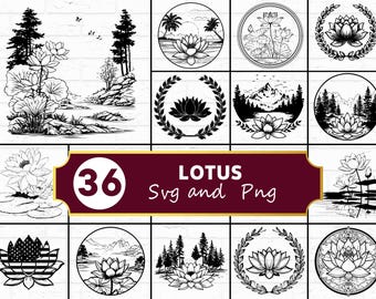 Lotus SVG PNG Bundle, Floral Silhouette Clipart, Yoga Meditation Cricut Files, Boho Vector Art
