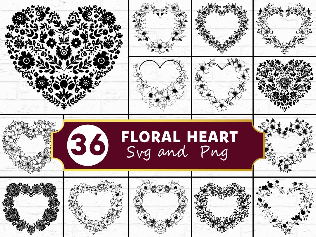 Floral Heart SVG PNG Bundle, Flower Wreath Clipart, Wedding Sublimation ...