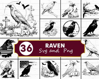 Raven SVG PNG Bundle, Gothic Bird Silhouette Clipart, Halloween Crow Cricut Cut Files, Spooky