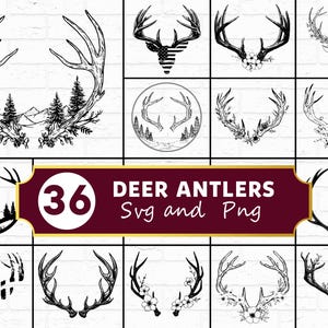 May include: A collection of 36 deer antler designs in SVG and PNG formats. The black and white illustrations include various styles, such as antlers with floral accents, American flag design, and nature scenes. The designs are displayed on a white brick wall background.