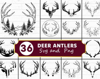 Paquete de imágenes SVG y PNG de astas de ciervo, siluetas rústicas de animales, archivos vectoriales para Cricut de caza