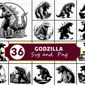 Può includere: Raccolta di 36 grafiche a tema Godzilla in formato SVG e PNG, in bianco e nero. Le immagini raffigurano Godzilla in varie pose, alcune con paesaggi urbani o elementi naturali. Adatto per arte digitale e progetti creativi.