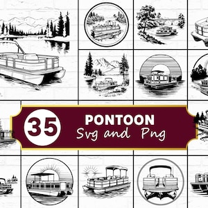 May include: Collection of 35 pontoon boat SVG and PNG images in black and white. The images depict various pontoon boat designs in different settings, including lakes, rivers, and sunsets. The collection includes both detailed illustrations and simpler line drawings.