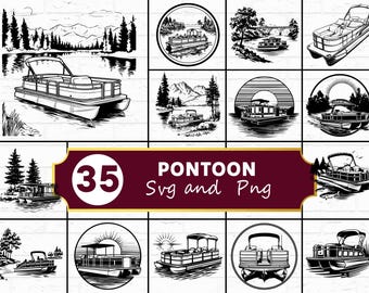 Pontoon SVG PNG Bundle, Lake Boat Silhouette Clipart, Summer Boating Cricut Cut Files Vector