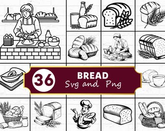 Paquete de archivos SVG y PNG de pan, imágenes prediseñadas de siluetas de panadería, archivos Cricut de alimentos de cocina, diseño vectorial rústico