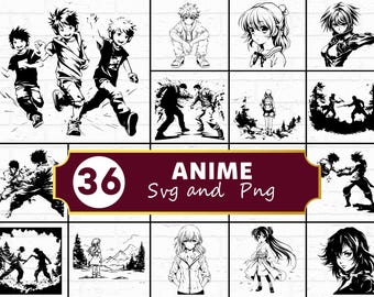 Anime SVG PNG-bundel, Japanse silhouet clipart, Otaku karakter Cricut-bestanden, manga vectorkunst