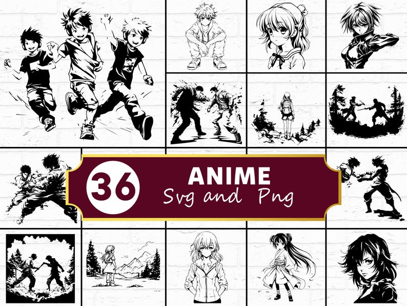 Anime SVG PNG Bundle, Japanese Silhouette Clipart, Otaku Character ...