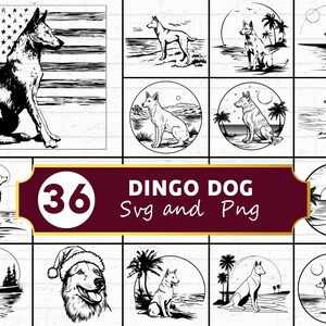 Puede incluir: Una colección de 36 imágenes SVG y PNG de Dingo Dog en blanco y negro. Las imágenes presentan varias ilustraciones de perros dingo en diferentes entornos, incluyendo paisajes, escenas de playa y con una bandera americana. Adecuado para proyectos de diseño digital.