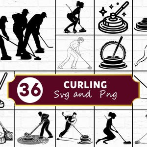 Könnte beinhalten: Eine Sammlung von 36 Curling-Themen-SVG- und PNG-Grafiken. Die Bilder zeigen Silhouetten von Spielern, Curlingsteinen und Besen. Der Text "CURING" und "Svg and Png" ist auf einem weinroten Banner zu sehen.