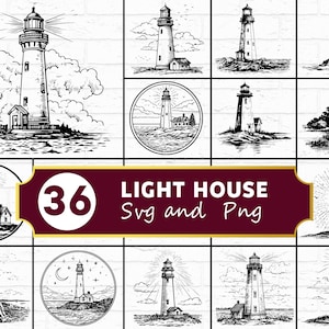 May include: Collection of 36 lighthouse designs in SVG and PNG formats. The black and white illustrations depict various lighthouse styles, some with surrounding landscapes, clouds, and water. The designs are suitable for digital art projects.