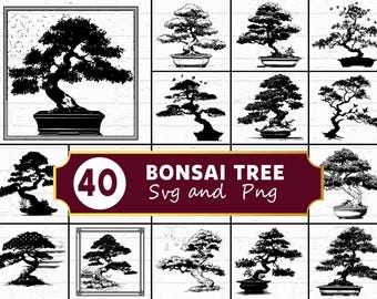 Paquete SVG PNG de árbol bonsái, clipart de silueta de bonsái, archivos de corte de Cricut de jardín zen