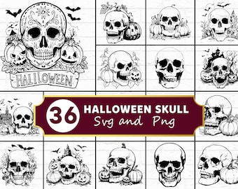 Halloween Skull SVG PNG Bundle, Spooky Skull Silhouette Clipart, Gothic Cricut Cut Files