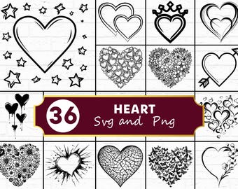 Paquete SVG de silueta de corazón / Corazón romántico de amor PNG Cricut, diseño de corazones rotos