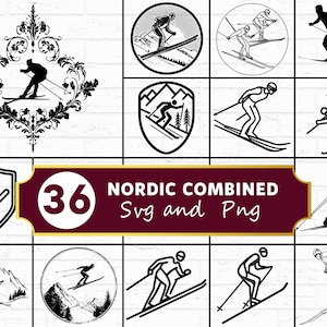 May include: A collection of 36 Nordic combined SVG and PNG graphics. The images feature skiers in various poses, some within decorative frames, shields, and circles. The color palette is primarily black and white, with a burgundy banner.