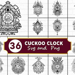 Puede incluir: Una colección de 36 diseños de relojes de cuco en blanco y negro en formatos SVG y PNG. Los relojes presentan detalles intrincados, incluidos motivos de aves y florales, y varios estilos arquitectónicos. La imagen incluye el texto "Cuckoo Clock SVG and Png".