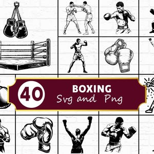 May include: A set of 40 boxing-themed SVG and PNG graphics. The images feature boxing gloves, a boxing ring, and illustrations of boxers. The graphics are in black and white, ideal for digital design and creative projects.