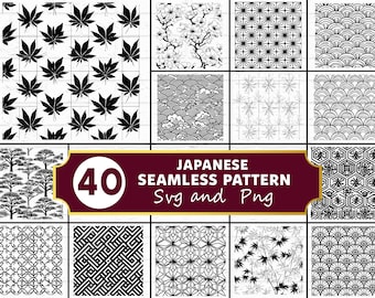 Japanese Seamless Pattern SVG Bundle, Traditional Asian Wave Repeating Background PNG, Oriental Geometric