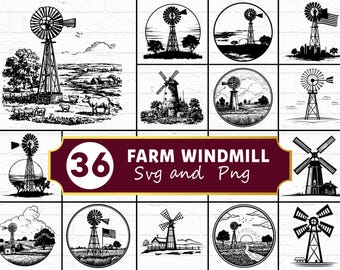 Farm Windmill SVG PNG Bundle, Rustic Country Silhouette Clipart, Farmhouse Cricut Cut Files Art
