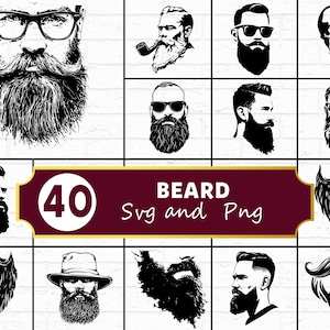 May include: A collection of 40 beard designs in SVG and PNG formats. The black and white illustrations showcase various beard styles, including full beards, mustaches, and beard and mustache combinations. Some designs include glasses and hats.