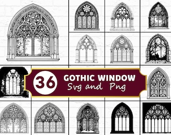 Gothic Window SVG PNG Bundle, Medieval Silhouette Clipart, Haunted Cricut Files, Dark Vector
