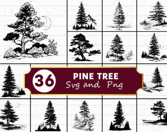 Pine Tree SVG PNG-bundel, groenblijvende bos silhouet clipart, buiten Cricut gesneden bestanden vector