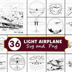 May include: Collection of 36 light airplane SVG and PNG images in a black and white line art style. The images depict various vintage aircraft, including biplanes and monoplanes, in different settings, such as flying in the sky or on the ground.