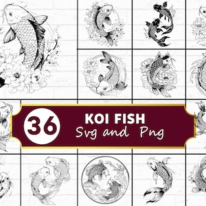Könnte beinhalten: Eine Sammlung von 36 schwarz-weißen Koi-Fisch-Designs in verschiedenen Posen, umgeben von floralen Elementen und Wasser. Der Text "KOI FISH Svg and Png" wird auf einem weinroten Banner mit der Zahl "36" in einem weißen Kreis angezeigt.