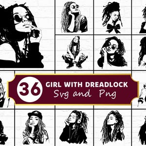 May include: A collection of black and white illustrations of women with dreadlocks. The images showcase various poses and styles, including wearing sunglasses, headphones, and bows. The image also includes the text "36 GIRL WITH DREADLOCK Svg and Png".