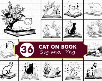 Kat op boek SVG PNG-bundel, lezen silhouet clipart, gezellige dieren Cricut-bestanden, boek