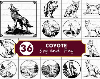 Coyote SVG Bundle, Howling Desert Animal Silhouette PNG, Wild Dog Clipart, Southwestern Vector