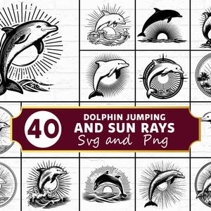 May include: Collection of black and white dolphin illustrations. Dolphins are depicted jumping, swimming, and with sun rays. The text "DOLPHIN JUMPING AND SUN RAYS SVG and PNG" is also present, along with the number "40".