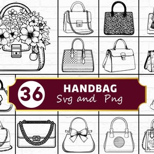 May include: A collection of 36 handbag designs in SVG and PNG formats. The handbags are depicted in a black and white line art style, showcasing various styles, including floral, chain straps, and bow details. The image includes the word "HANDBAG".