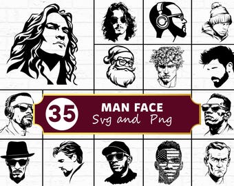 Paquete de imágenes SVG y PNG de rostros masculinos, siluetas masculinas, archivos para Cricut, arte vectorial minimalista