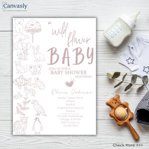 Uitnodiging voor babyshower met wilde bloem | Gender Reveal Evite, sjabloon uitnodiging babyshower meisje, Canva bewerkbare babyshoweruitnodiging