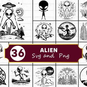May include: A collection of 36 black and white alien-themed SVG and PNG graphics. The designs include various alien illustrations with UFOs, landscapes, and musical elements. The word "ALIEN" is displayed in a maroon banner.